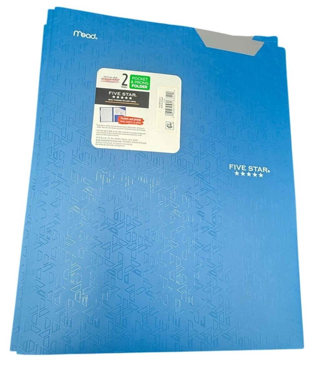 Five Star Plastic Folder with Prongs 2 Pockets Blue Teal  - FAST SHIP